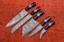 Load image into Gallery viewer, HS-142 Custom Handmade Damascus Steel 5 Pc's Chef Set with Turquoise,Resin,Wood Handle