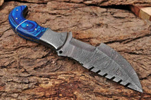 Load image into Gallery viewer, HS-933 Custom Handmade Damascus Steel Tracker-Hunting Knife With Blue Wood Handle