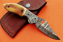 Load image into Gallery viewer, Custom Handmade Damascus Folding/Pocket Knife With Engraved Camel Bone Handle