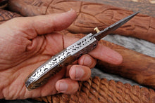 Load image into Gallery viewer, Custom Handmade Damascus Steel Engraved Folding Knife - Ram Horn Handle