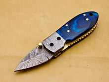 Load image into Gallery viewer, Custom Handmade Damascus Folding-Pocket Knife With Blue Hard Wood Handle