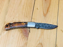 Load image into Gallery viewer, Custom Handmade Damascus Steel Back-Lock Pocket | Folding Knife | Leather Sheath- Buffalo Horn Handle