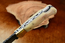 Load image into Gallery viewer, Custom Handmade Damascus Steel Back-Lock Pocket | Folding Knife | Leather Sheath- Camel Bone Handle