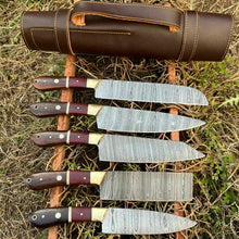 Load image into Gallery viewer, HS-128 '' Hand Forged Damascus Steel Hunting Chef Kitchen Knife Set W/ Sheath
