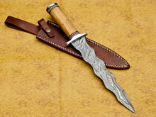 Load image into Gallery viewer, HS-857 CUSTOM DAMASCUS STEEL HUNTING/BOWIE/DAGGER KNIFE HANDLE OLIVE WOOD WITH SHEATH
