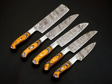 Load image into Gallery viewer, 5 piece Damascus kitchen knife set with leather sheath display