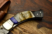 Load image into Gallery viewer, Custom Handmade Damascus Steel Blade Liner-Lock Pocket Folding Knife| Ram Horn