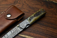 Load image into Gallery viewer, Custom Handmade Damascus Steel Blade Liner-Lock Pocket Folding Knife| Ram Horn