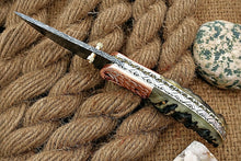 Load image into Gallery viewer, Custom Handmade Damascus Folding-Pocket Knife With Blue Ram Horn+Engraved Handle
