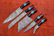 Load image into Gallery viewer, HS-142 Custom Handmade Damascus Steel 5 Pc's Chef Set with Turquoise,Resin,Wood Handle