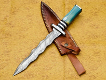 Load image into Gallery viewer, HS-856 CUSTOM DAMASCUS STEEL HUNTING/BOWIE/DAGGER KNIFE HANDLE COLORED BONE WITH SHEATH