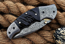 Load image into Gallery viewer, Custom Handmade Damascus Folding-Pocket Knife With Ram Horn Handle