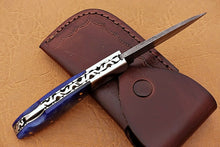 Load image into Gallery viewer, Custom Handmade Damascus Pocket Knife With Colour Camel Bone Handle