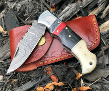 Load image into Gallery viewer, Custom Handmade Damascus Steel Back-Lock Pocket | Folding Knife | Leather Sheath- Different Handle