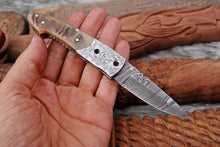 Load image into Gallery viewer, Custom Handmade Damascus Steel Engraved Folding Knife - Ram Horn Handle