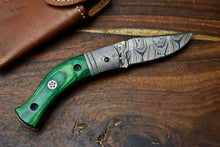 Load image into Gallery viewer, Custom Handmade Damascus Steel Blade Liner-Lock Pocket Folding Knife| HARD WOOD