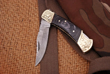 Load image into Gallery viewer, Custom Handmade Damascus Steel Pocket Folding Knife - Engraved Hard Wood Handle