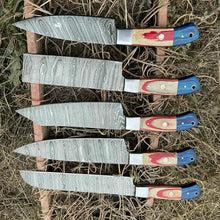 Load image into Gallery viewer, HS-129 '' Hand Forged Damascus Steel Hunting Chef Kitchen Knife Set W/ Sheath