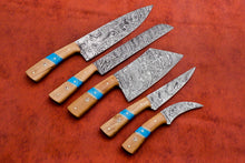 Load image into Gallery viewer, Hs-138 Custom Handmade Damascus Steel 5 Pc's Chef Set with Turquoise and Wood Handle