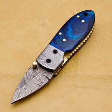 Load image into Gallery viewer, Custom Handmade Damascus Folding-Pocket Knife With Blue Hard Wood Handle