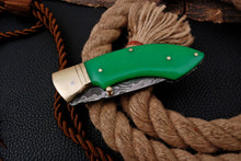 Load image into Gallery viewer, Custom Handmade Damascus Folding-Pocket Knife With Green Sheet Handle