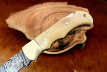 Load image into Gallery viewer, Custom Handmade Damascus Steel Back-Lock Pocket | Folding Knife | Leather Sheath- Camel Bone Handle