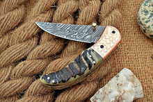 Load image into Gallery viewer, Custom Handmade Damascus Folding-Pocket Knife With Blue Ram Horn+Engraved Handle