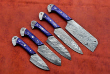 Load image into Gallery viewer, HS-144 Custom Handmade Damascus Steel 5 Piece Chef Set with Blue Wood Handle