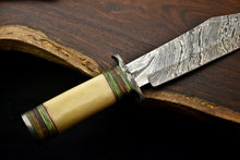 Load image into Gallery viewer, HS-335 | Custom Handmade Damascus Steel Hunting Bowie Knife - Camel Bone Handle