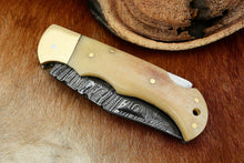 Load image into Gallery viewer, Custom Handmade Damascus Steel Back-Lock Pocket | Folding Knife | Leather Sheath- Camel Bone Handle