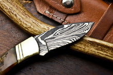 Load image into Gallery viewer, Custom Handmade Damascus Steel Pocket Folding Knife - Beautiful Ram & Buffalo Horn Handle