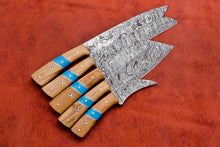 Load image into Gallery viewer, Hs-138 Custom Handmade Damascus Steel 5 Pc's Chef Set with Turquoise and Wood Handle