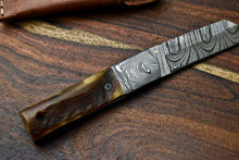 Load image into Gallery viewer, Custom Handmade Damascus Steel Blade Liner-Lock Pocket Folding Knife| Ram Horn