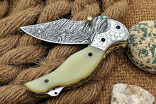 Load image into Gallery viewer, Custom Handmade Damascus Folding-Pocket Knife With Blue White Micarta+Engraved Handle