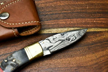 Load image into Gallery viewer, HS Cutlery | Custom Handmade Damascus Steel Blade Liner-Lock Pocket Folding Knife| Ram Horn