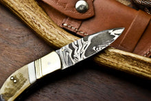 Load image into Gallery viewer, Custom Handmade Damascus Steel Pocket Folding Knife - Beautiful Ram's Horn Handle