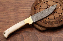 Load image into Gallery viewer, HS-760 Custom Handmade Damascus Skinner Knife + Brass Bolster And Camel Bone Handle
