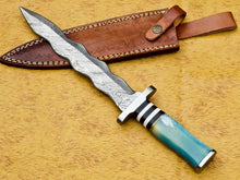 Load image into Gallery viewer, HS-856 CUSTOM DAMASCUS STEEL HUNTING/BOWIE/DAGGER KNIFE HANDLE COLORED BONE WITH SHEATH