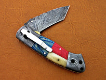 Load image into Gallery viewer, Custom Handmade Damascus Folding-Pocket Knife With Camel Bone & Hard Wood Handle