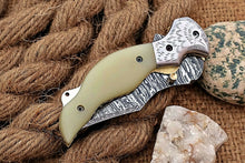 Load image into Gallery viewer, Custom Handmade Damascus Folding-Pocket Knife With Blue White Micarta+Engraved Handle