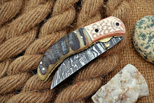 Load image into Gallery viewer, Custom Handmade Damascus Folding-Pocket Knife With Blue Ram Horn+Engraved Handle