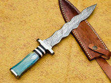 Load image into Gallery viewer, HS-856 CUSTOM DAMASCUS STEEL HUNTING/BOWIE/DAGGER KNIFE HANDLE COLORED BONE WITH SHEATH