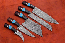 Load image into Gallery viewer, HS-142 Custom Handmade Damascus Steel 5 Pc's Chef Set with Turquoise,Resin,Wood Handle