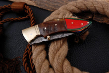 Load image into Gallery viewer, Custom Handmade Damascus Folding-Pocket Knife With Coloured Hard Wood Handle