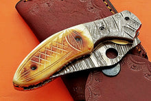 Load image into Gallery viewer, Custom Handmade Damascus Folding/Pocket Knife With Engraved Camel Bone Handle