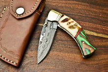 Load image into Gallery viewer, HS Cutlery | Custom Handmade Damascus Steel Blade Liner-Lock Pocket Folding Knife| Ram Horn