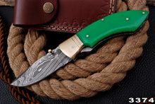 Load image into Gallery viewer, Custom Handmade Damascus Folding-Pocket Knife With Green Sheet Handle