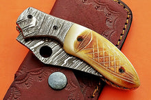 Load image into Gallery viewer, Custom Handmade Damascus Folding/Pocket Knife With Engraved Camel Bone Handle