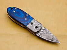 Load image into Gallery viewer, Custom Handmade Damascus Folding-Pocket Knife With Blue Hard Wood Handle