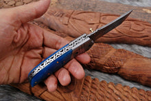 Load image into Gallery viewer, Custom Handmade Damascus Steel Pocket Folding Knife - Beautiful Blue Bone Handle